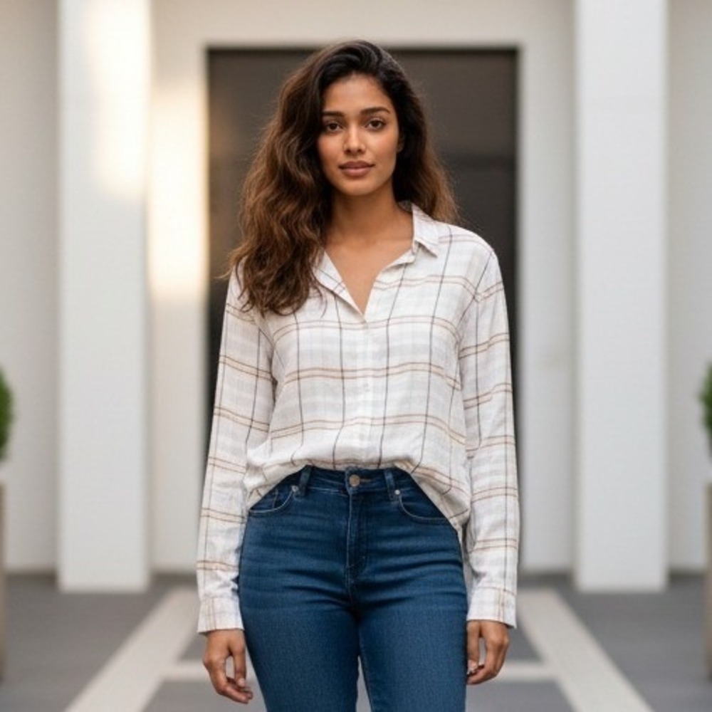 Lord Taylor XL‎ Womens Plaid Button Down Shirt Linen Long Sleeve XL Beige NWT